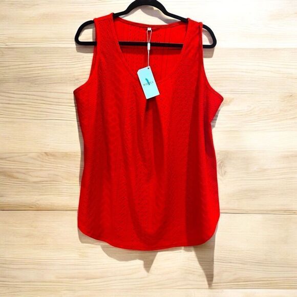 Tank Tops red eyelet Flowy Scoop Neck Loose Fit Tank-Top Sleeveless Cami - Picture 3 of 13